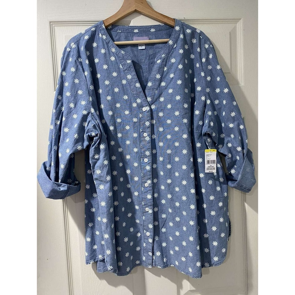 Laura Scott Button Up Top Blouse Women's Blue Flower Print Roll Tab Sleeve,2X